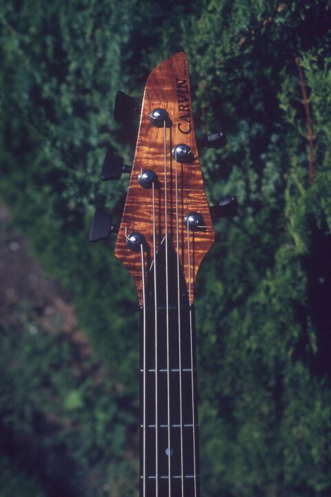 A closeup of the flamed koa headstock